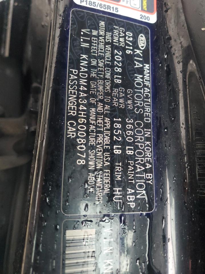2017 KIA Rio VIN KNADM4A34H6008078 Copart auction photo, front end / minor dent/scratches damage thumbnail 12