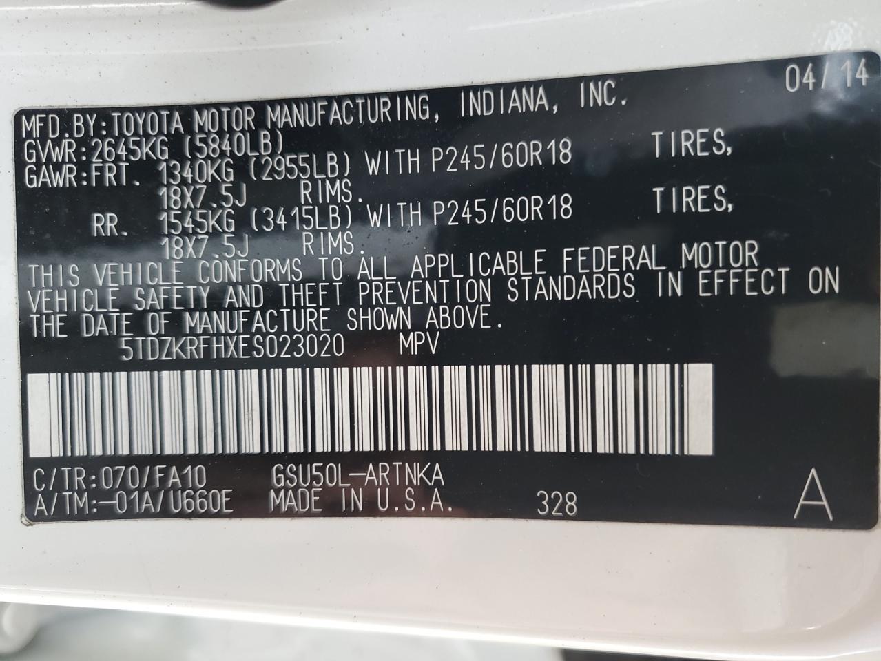 2014 Toyota Highlander VIN 5TDZKRFHXES023020 Copart auction photo, front end damage thumbnail 16