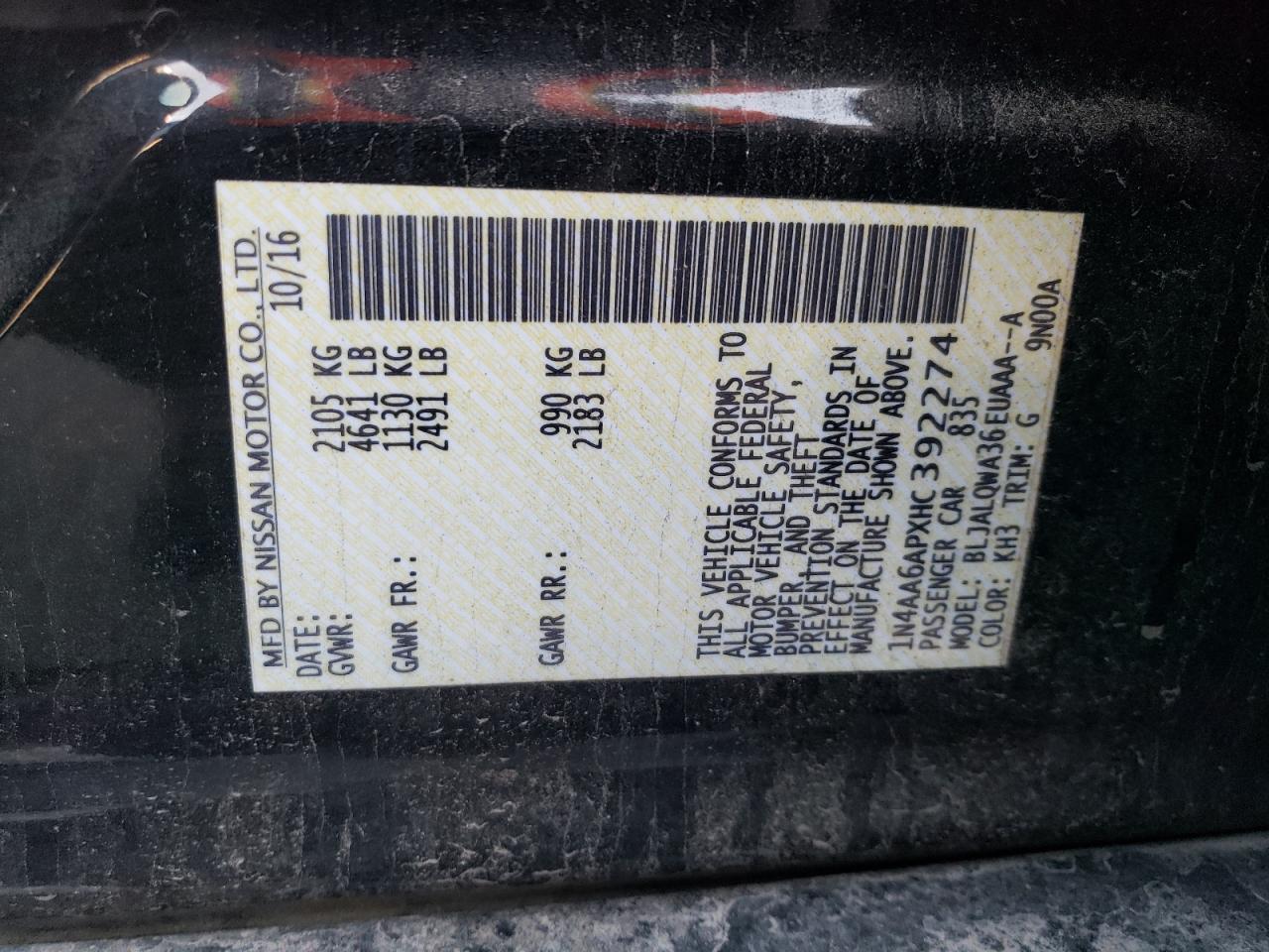 2017 Nissan Maxima VIN 1N4AA6APXHC392274 Copart auction photo, front end damage thumbnail 13