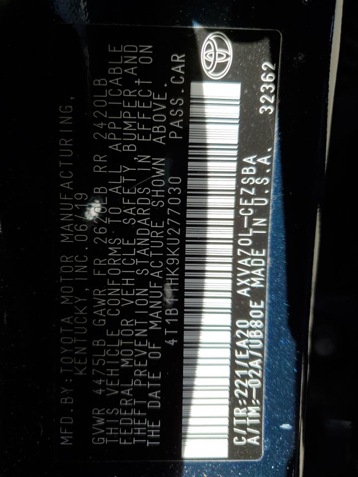 2019 Toyota Camry VIN 4T1B11HK9KU277030 Copart auction photo, rear end damage thumbnail 13