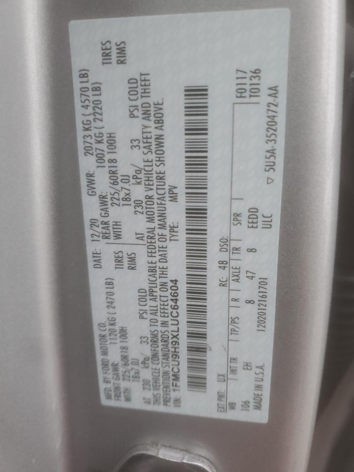 2020 Ford Escape VIN 1FMCU9H9XLUC64604 Copart auction photo, side / front end damage thumbnail 13