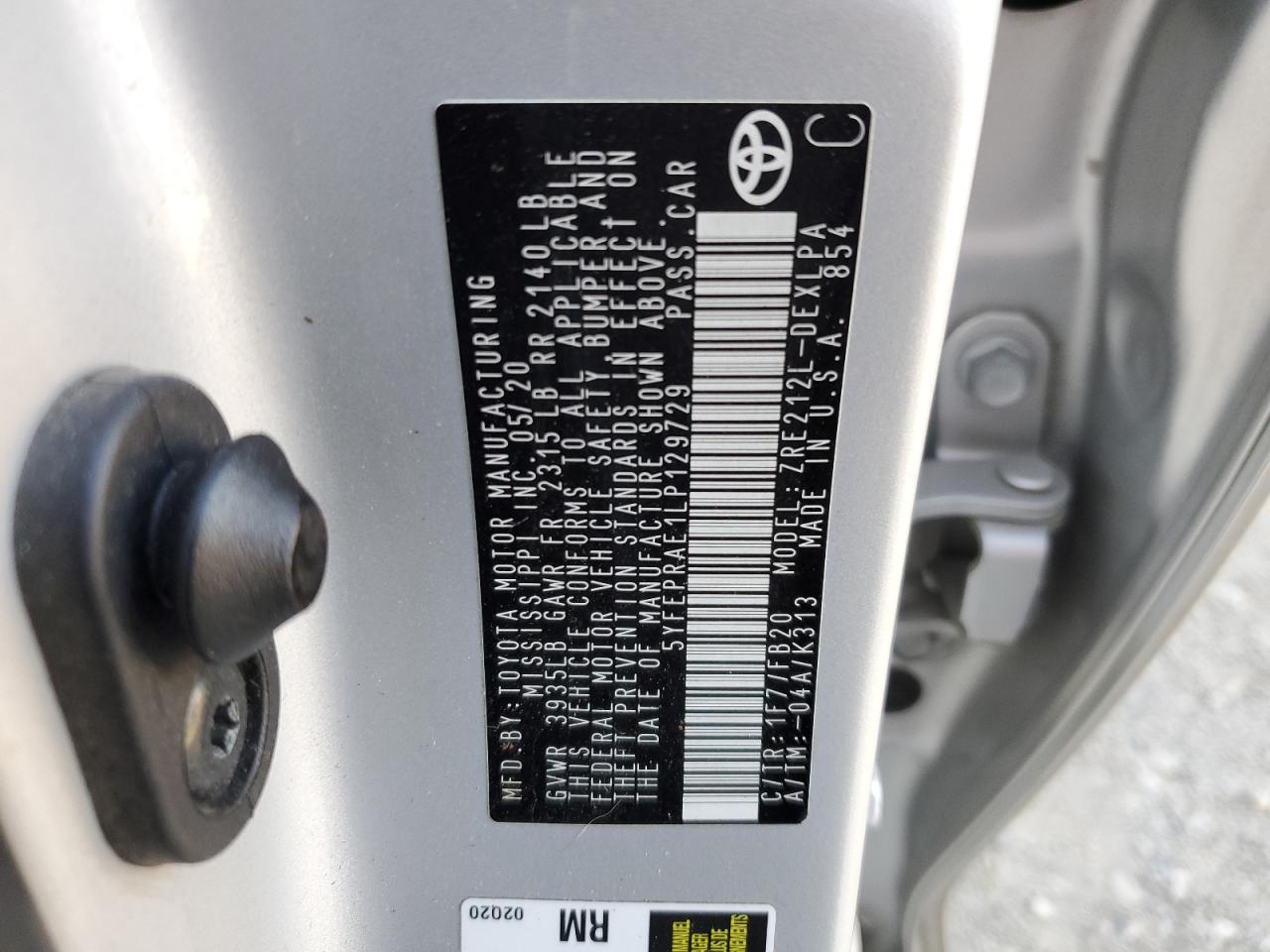 2020 Toyota Corolla VIN 5YFEPRAE1LP129729 Copart auction photo, front end / top/roof damage thumbnail 12