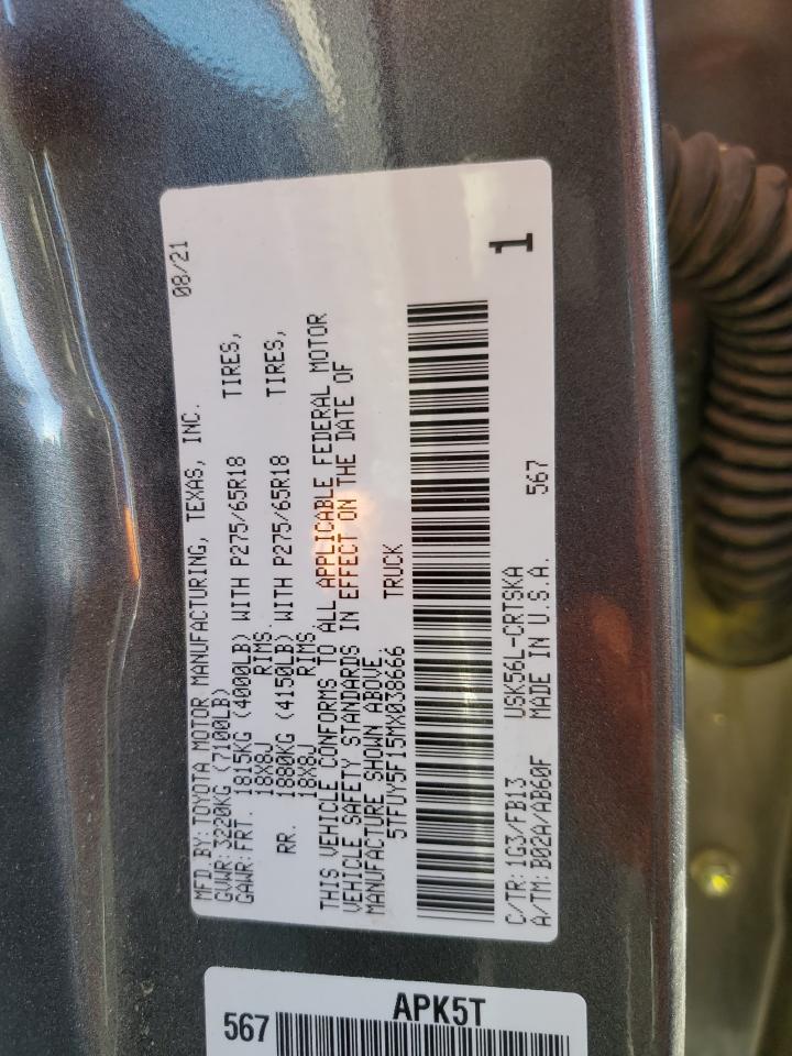 2021 Toyota Tundra VIN 5TFUY5F15MX038666 Copart auction photo, rear end damage thumbnail 13
