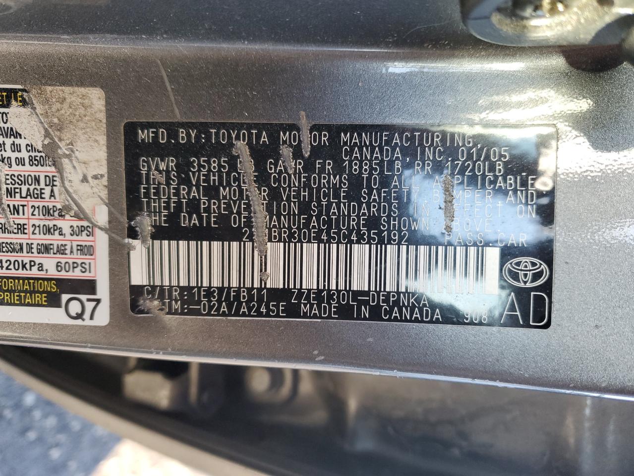 2005 Toyota Corolla VIN 2T1BR30E45C435192 Copart auction photo, rear end / side damage thumbnail 13
