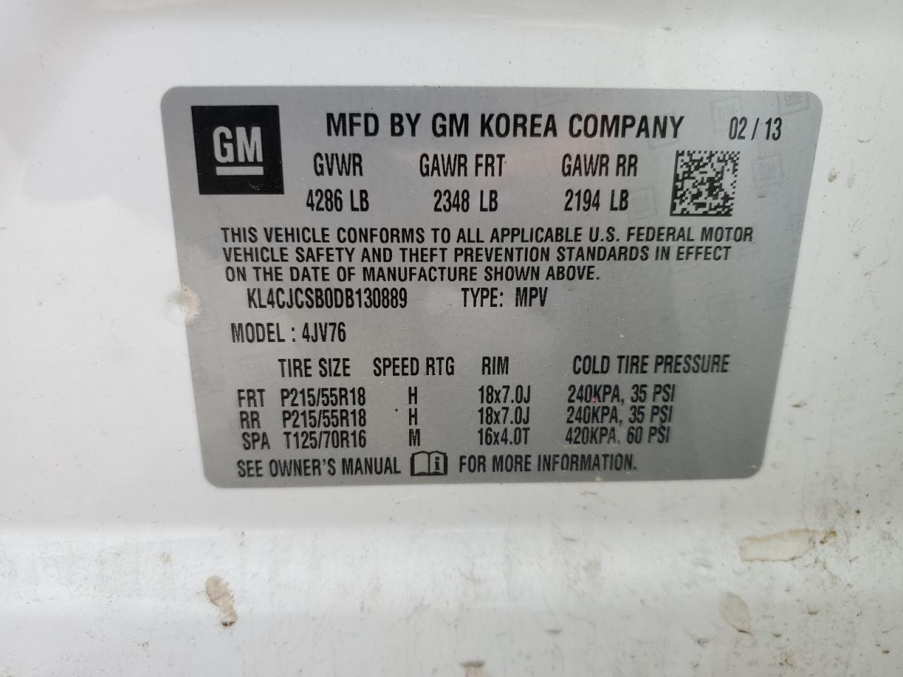 2013 Buick Encore VIN KL4CJCSB0DB130889 Copart auction photo, front end / side damage thumbnail 15