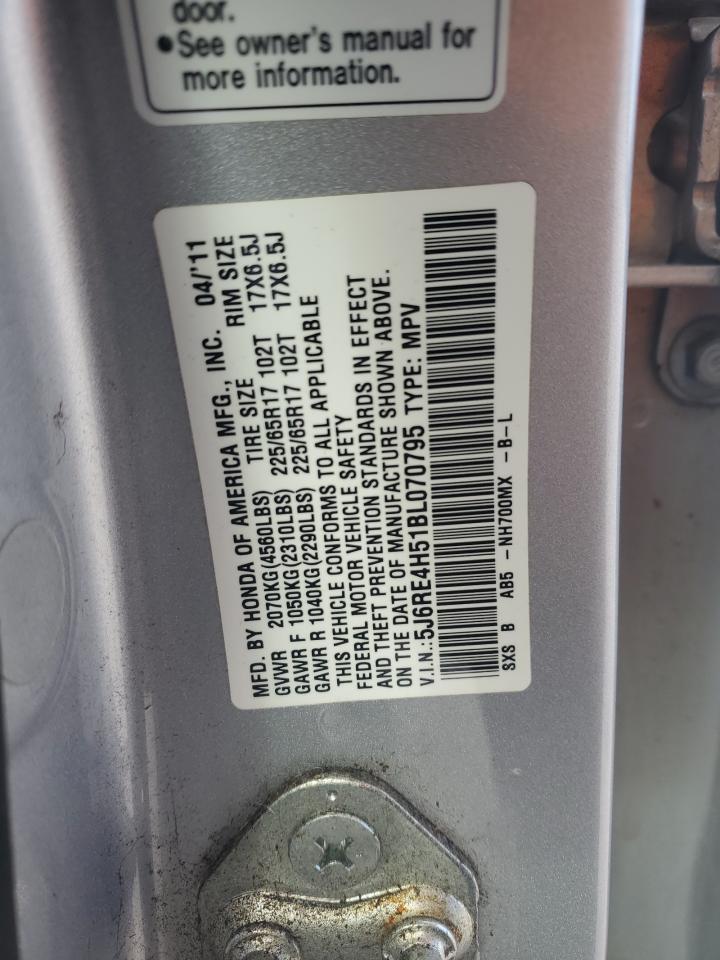 2011 Honda CR-V VIN 5J6RE4H51BL070795 Copart auction photo, rear end damage thumbnail 14