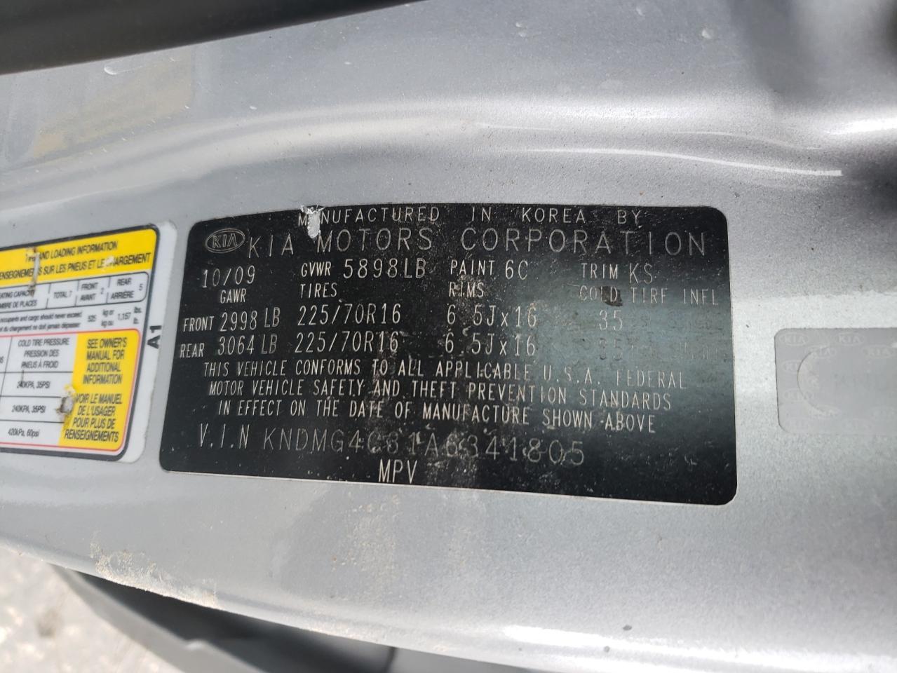 2010 KIA Sedona VIN KNDMG4C31A6341805 Copart auction photo, all over damage thumbnail 14