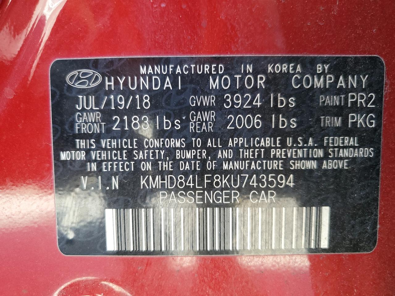 2019 Hyundai Elantra VIN KMHD84LF8KU743594 Copart auction photo, rear end / minor dent/scratches damage thumbnail 13