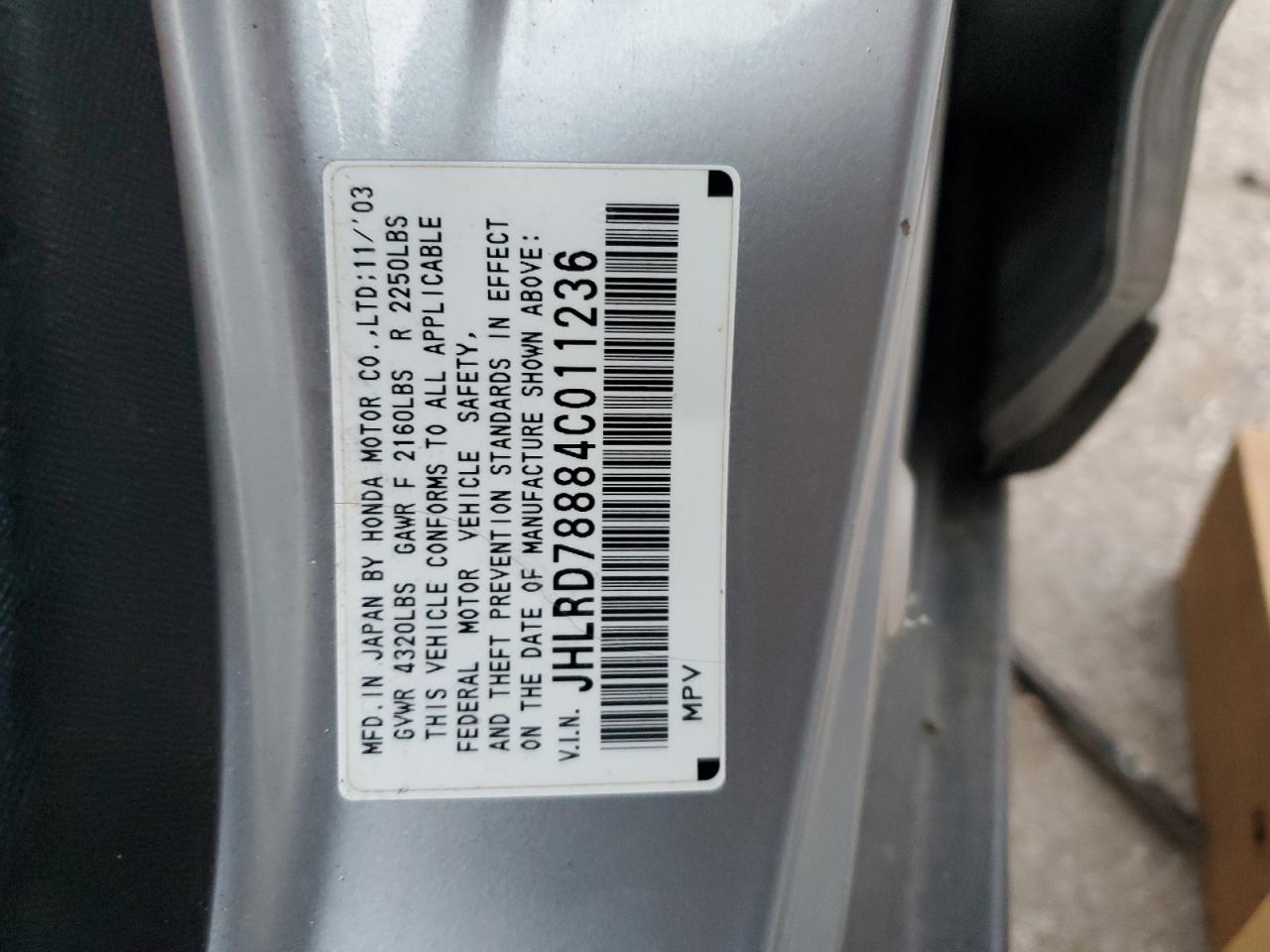 2004 Honda CR-V VIN JHLRD78884C011236 Copart auction photo, front end / side damage thumbnail 12