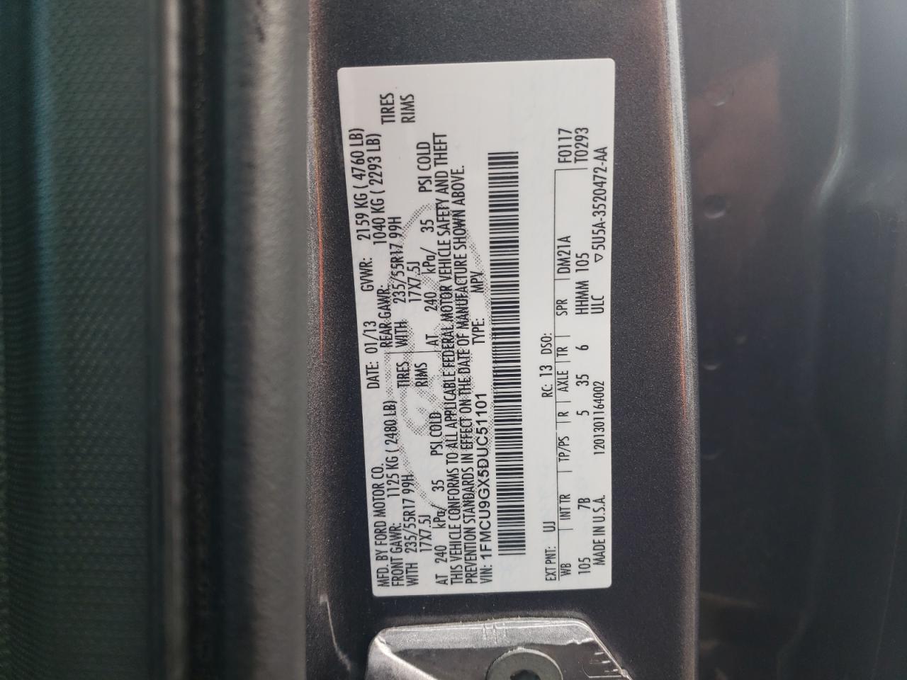 2013 Ford Escape VIN 1FMCU9GX5DUC51101 Copart auction photo, normal wear damage thumbnail 13