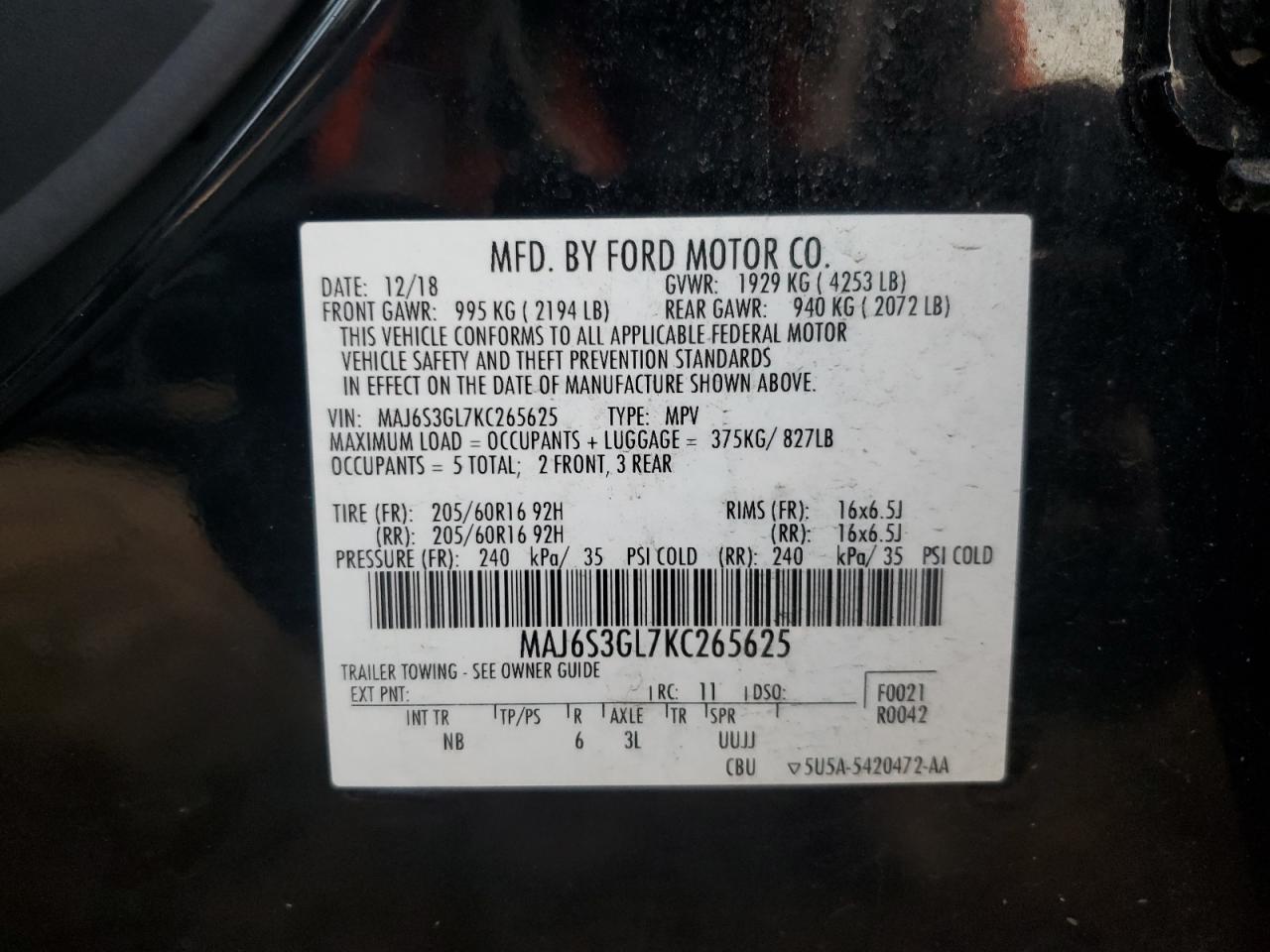 2019 Ford EcoSport VIN MAJ6S3GL7KC265625 Copart auction photo, front end damage thumbnail 13