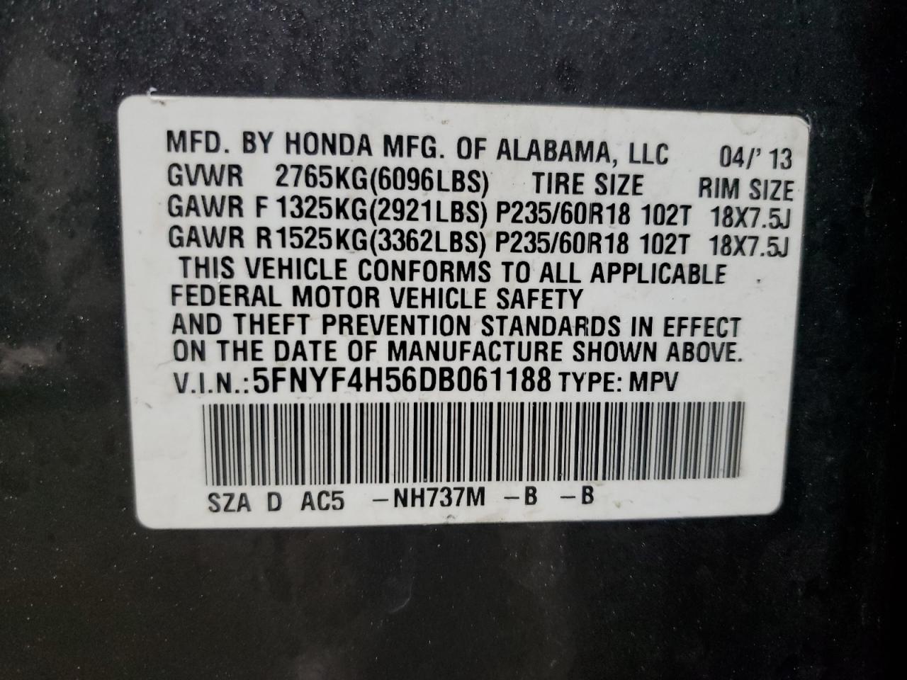 2013 Honda Pilot VIN 5FNYF4H56DB061188 Copart auction photo, front end damage thumbnail 13