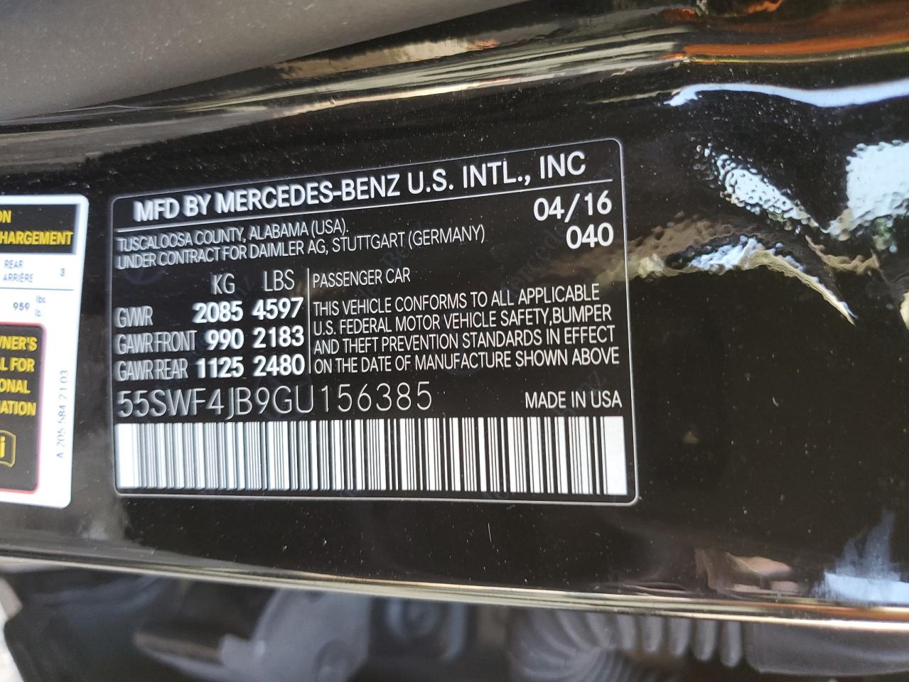 2016 Mercedes-Benz C-klasse VIN 55SWF4JB9GU156385 Copart auction photo, front end damage thumbnail 12
