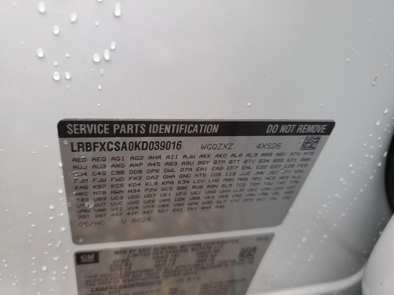 2019 Buick Envision VIN LRBFXCSA0KD039016 Copart auction photo, side / front end damage thumbnail 14