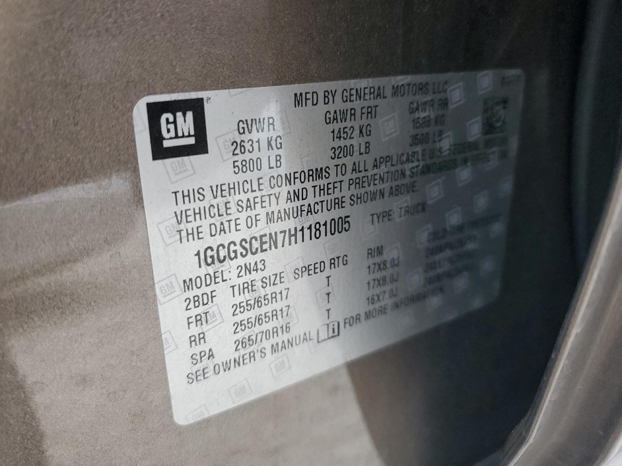 2017 Chevrolet Colorado VIN 1GCGSCEN7H1181005 Copart auction photo, side damage thumbnail 14
