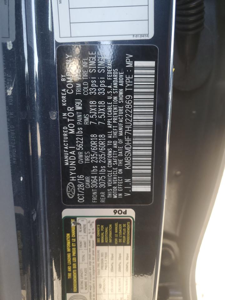 2017 Hyundai Santa Fe VIN KM8SMDHF7HU222869 Copart auction photo, all over damage thumbnail 13