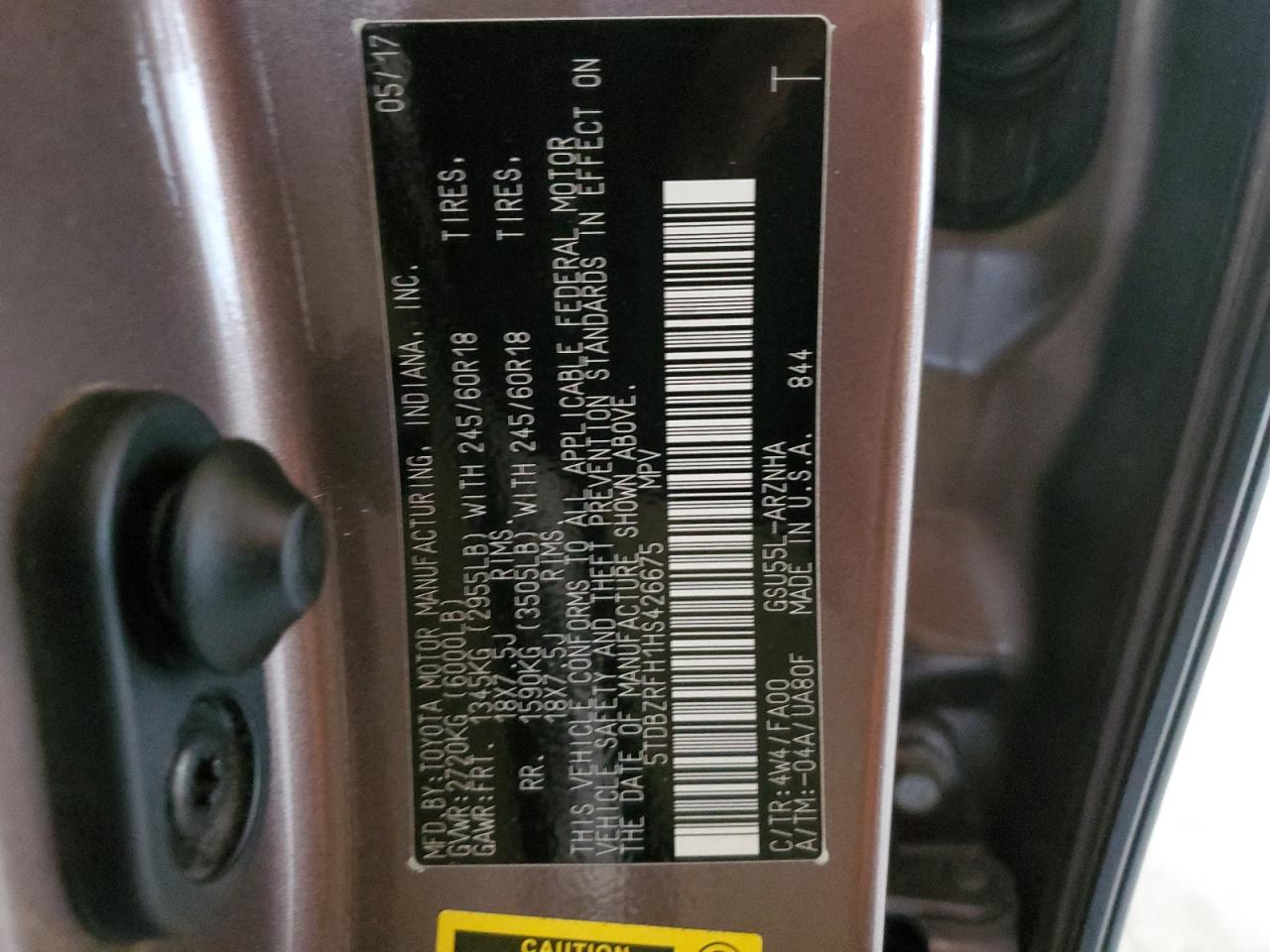 2017 Toyota Highlander VIN 5TDBZRFH1HS426675 Copart auction photo, front end damage thumbnail 14