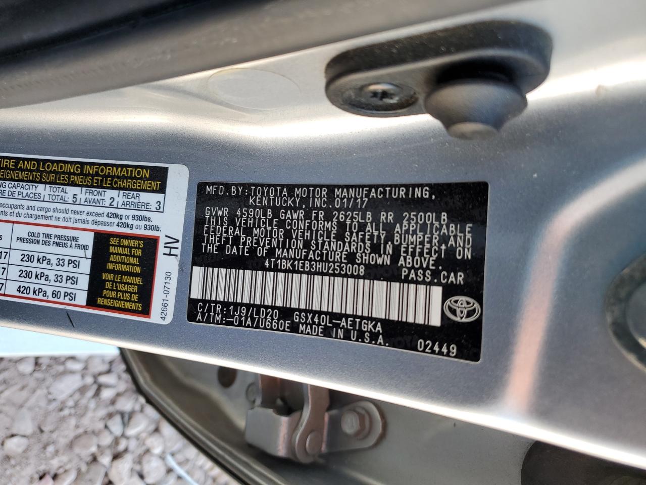 2017 Toyota Avalon VIN 4T1BK1EB3HU253008 Copart auction photo, rear end / front end damage thumbnail 14