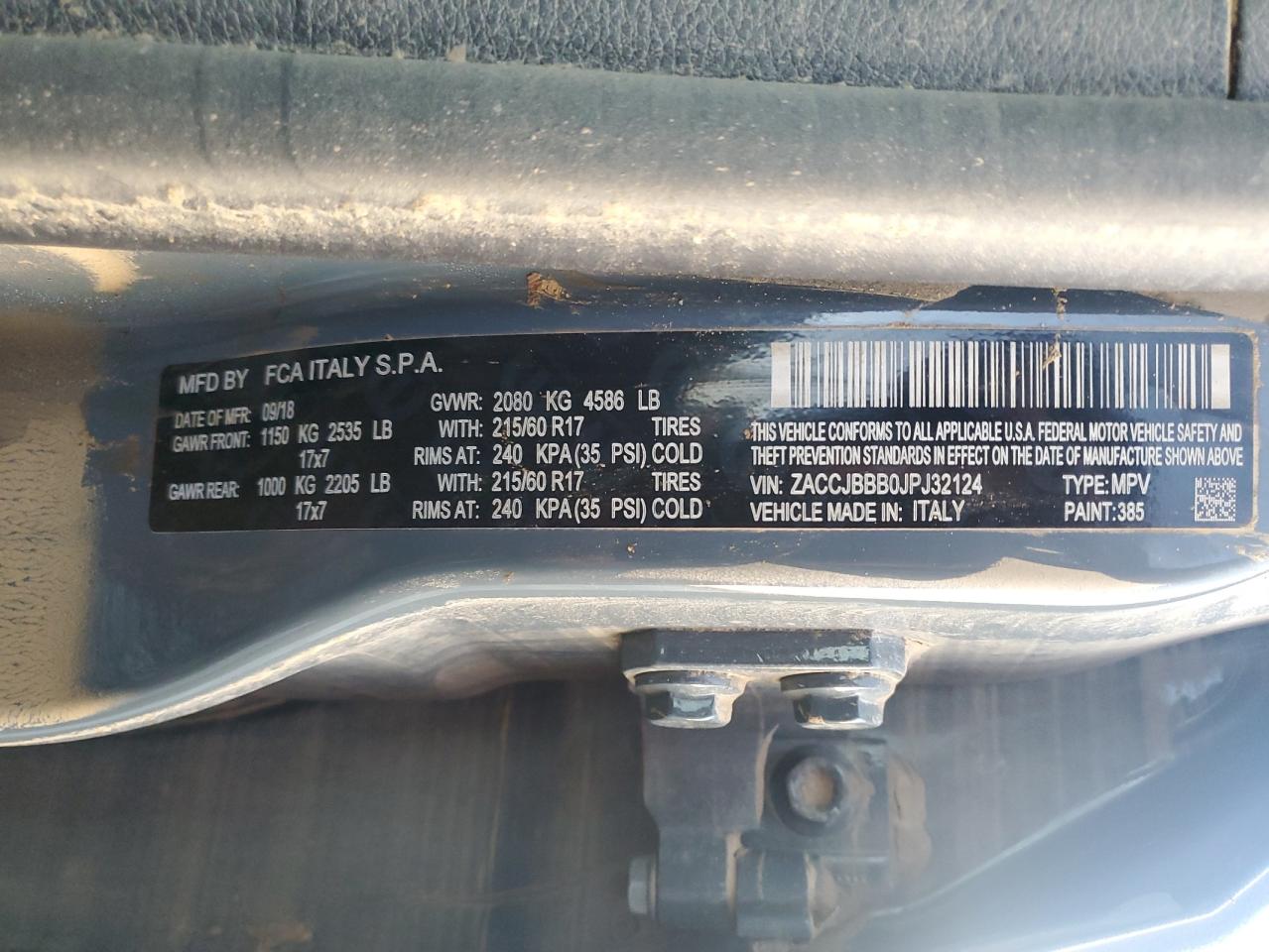 2018 Jeep Renegade VIN ZACCJBBB0JPJ32124 Copart auction photo, water/flood damage thumbnail 14