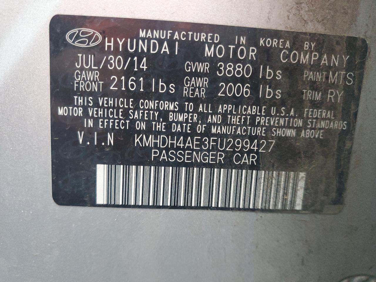 2015 Hyundai Elantra VIN KMHDH4AE3FU299427 Copart auction photo, vandalism damage thumbnail 12
