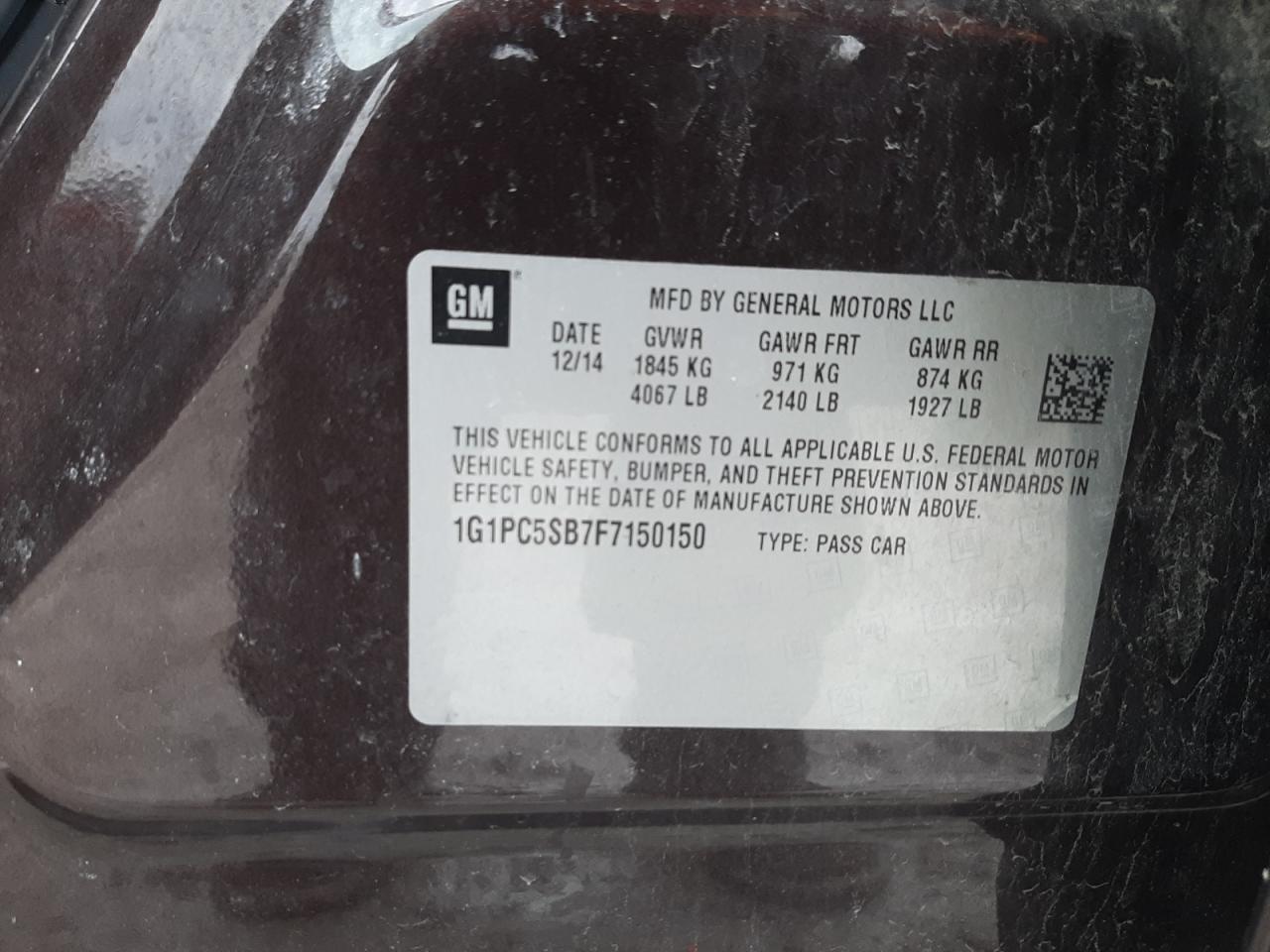 2015 Chevrolet Cruze VIN 1G1PC5SB7F7150150 Copart auction photo, front end / undercarriage damage thumbnail 13