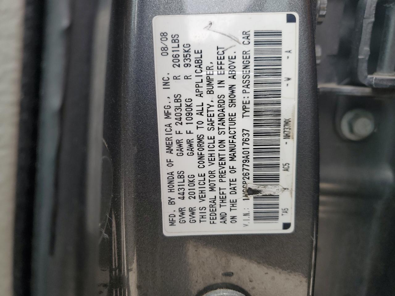 2009 Honda Accord VIN 1HGCP26779A017637 Copart auction photo, rear end damage thumbnail 12
