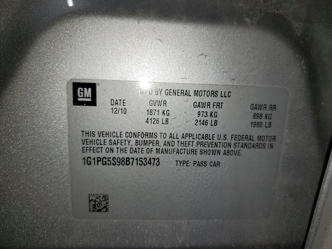 2011 Chevrolet Cruze VIN 1G1PG5S98B7153473 Copart auction photo, side / front end damage thumbnail 12