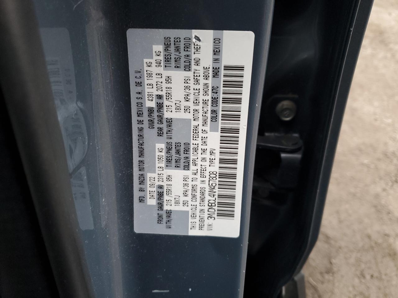 2022 Mazda CX-30 VIN 3MVDMBCL4NM457808 Copart auction photo, side / front end damage thumbnail 13