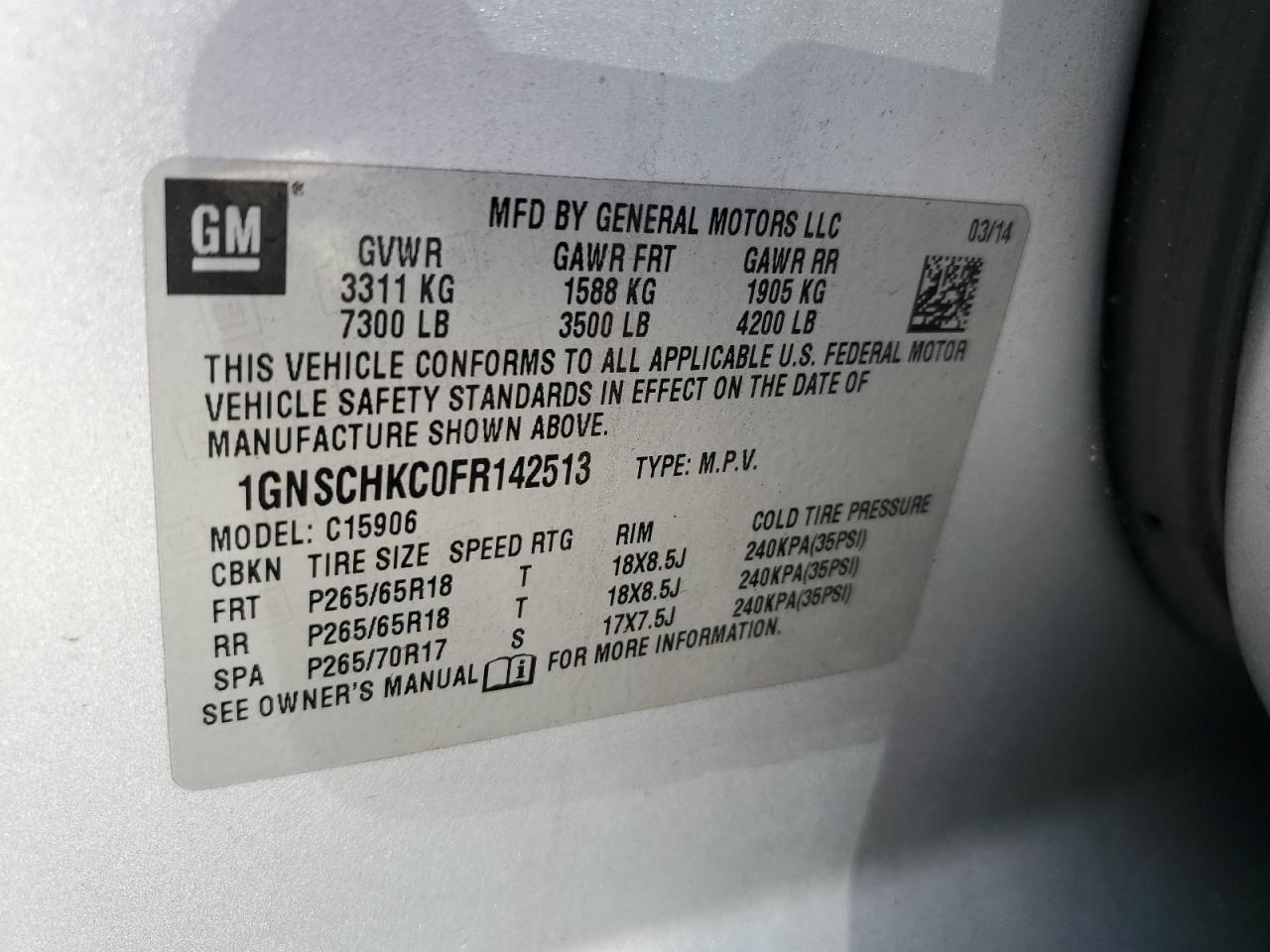 2015 Chevrolet Suburban VIN 1GNSCHKC0FR142513 Copart auction photo, all over / undercarriage damage thumbnail 13