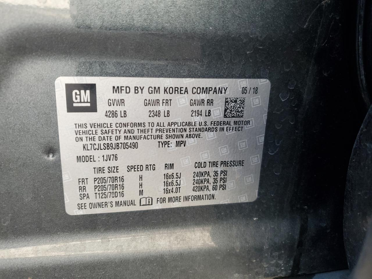 2018 Chevrolet Trax VIN KL7CJLSB9JB705490 Copart auction photo, front end damage thumbnail 13