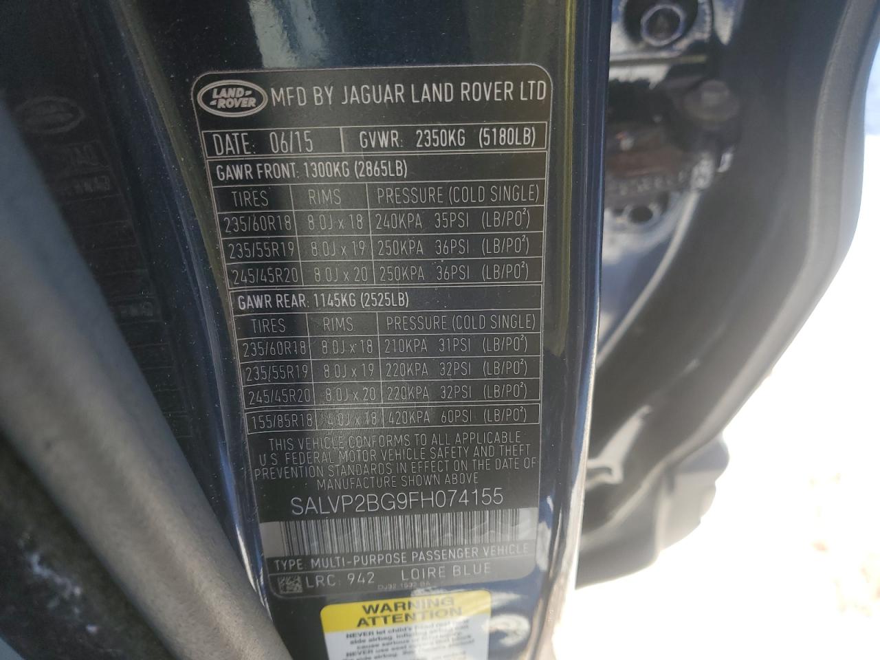 2015 Land Rover Range Rover VIN SALVP2BG9FH074155 Copart auction photo, side / front end damage thumbnail 13