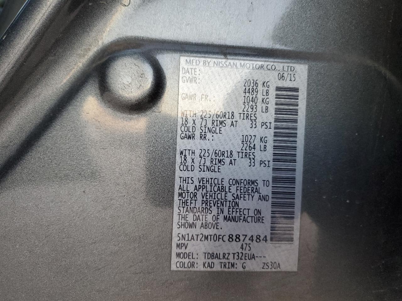 2015 Nissan Rogue VIN 5N1AT2MT0FC887484 Copart auction photo, front end / minor dent/scratches damage thumbnail 15