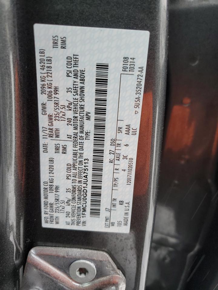 2018 Ford Escape VIN 1FMCU0GD1JUA75113 Copart auction photo, front end damage thumbnail 13