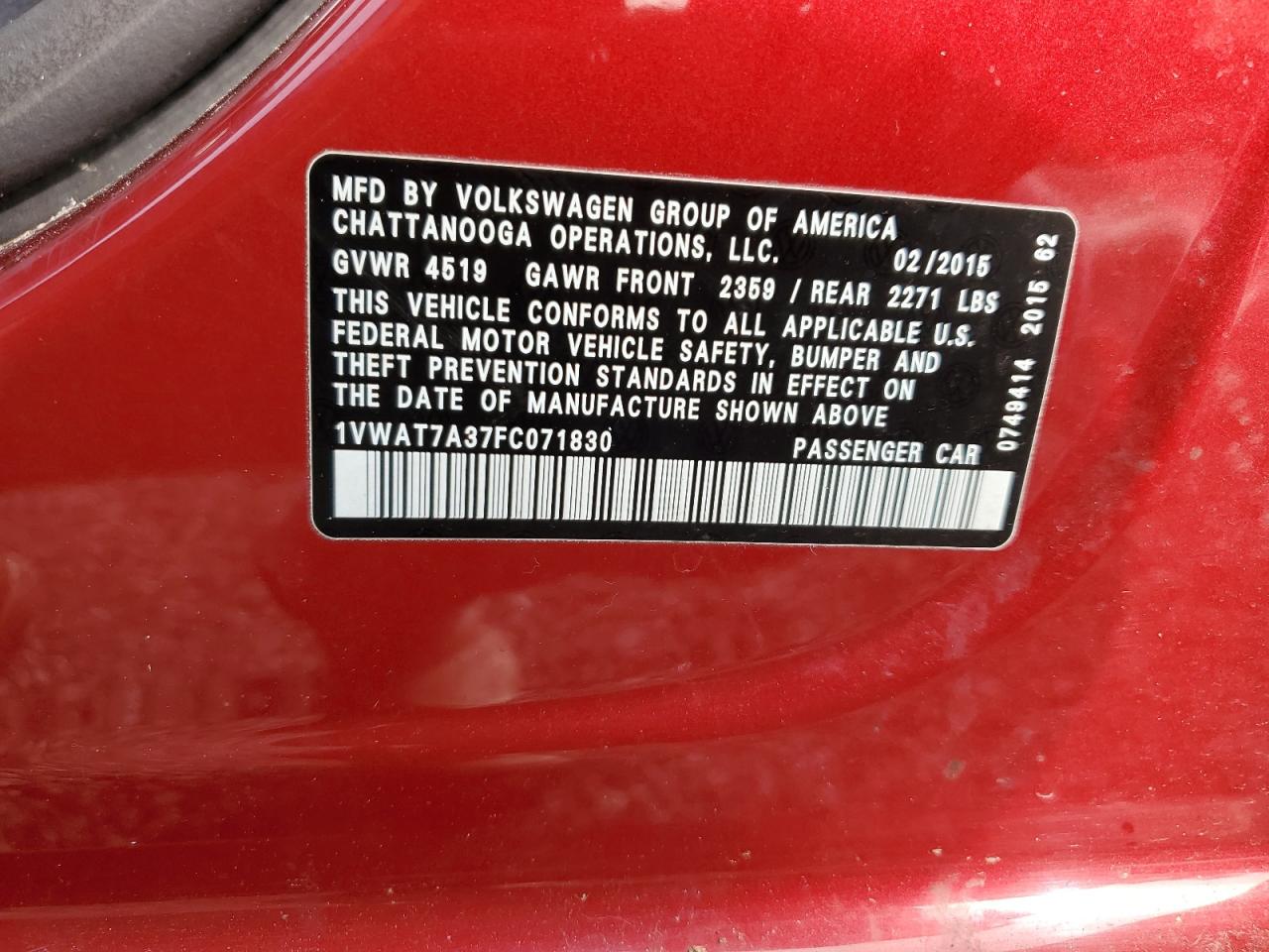 2015 Volkswagen Passat VIN 1VWAT7A37FC071830 Copart auction photo, front end damage thumbnail 12