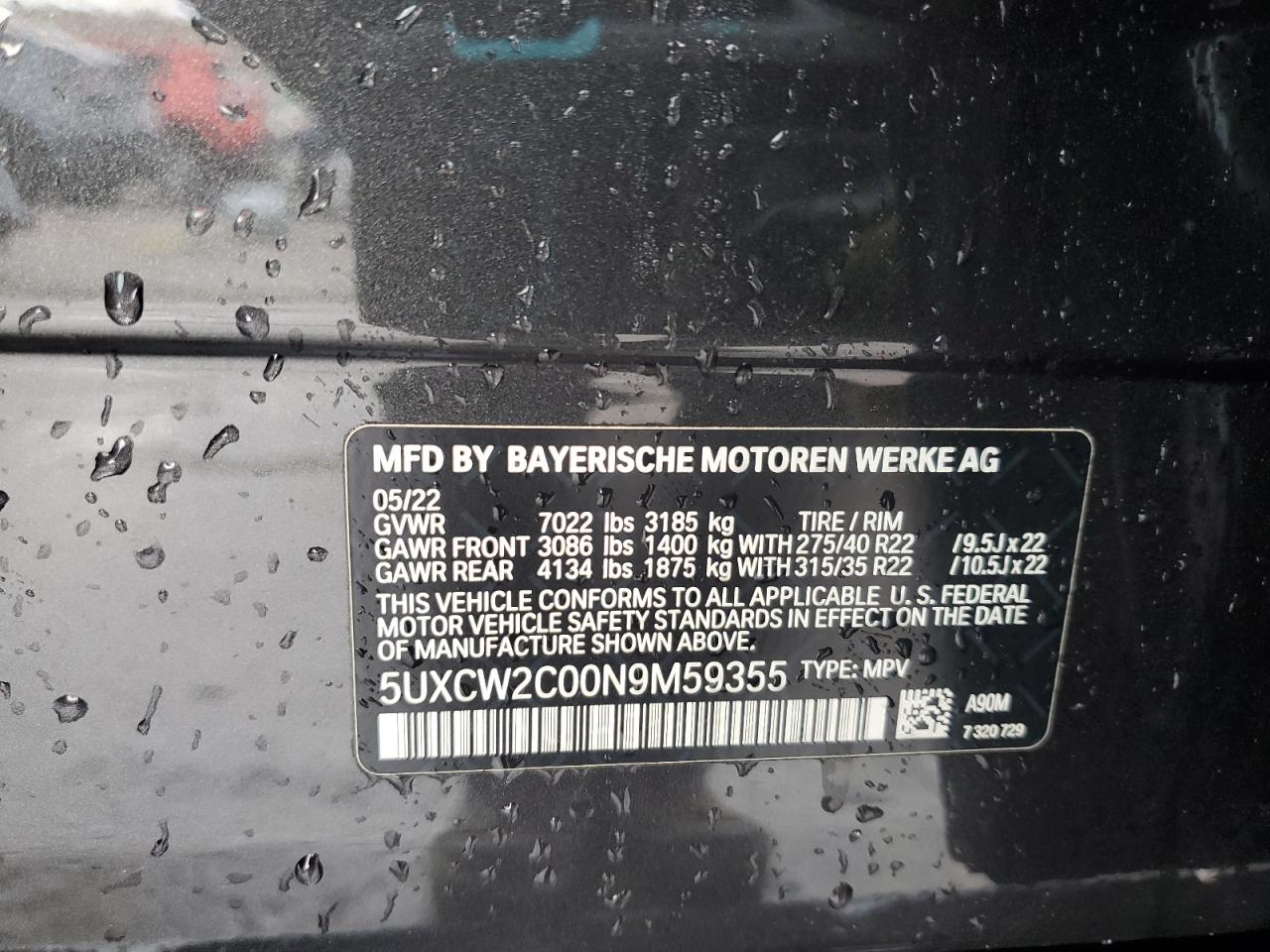 2022 BMW X7 VIN 5UXCW2C00N9M59355 Copart auction photo, burn / rear end damage thumbnail 13