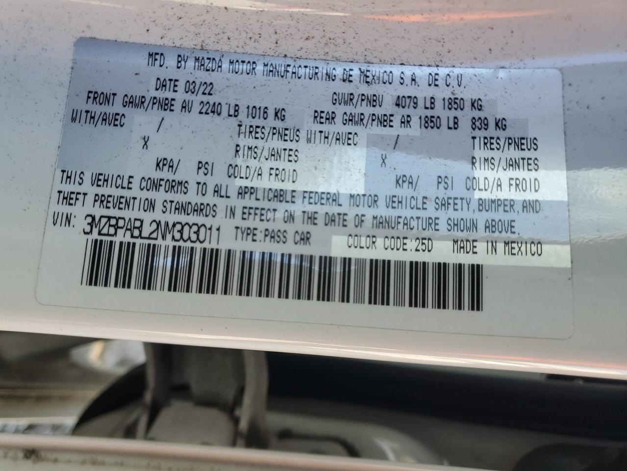 2022 Mazda 3 VIN 3MZBPABL2NM303011 Copart auction photo, all over damage thumbnail 15