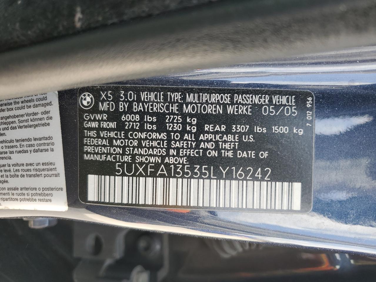 2005 BMW X5 VIN 5UXFA13535LY16242 Copart auction photo, front end / minor dent/scratches damage thumbnail 13