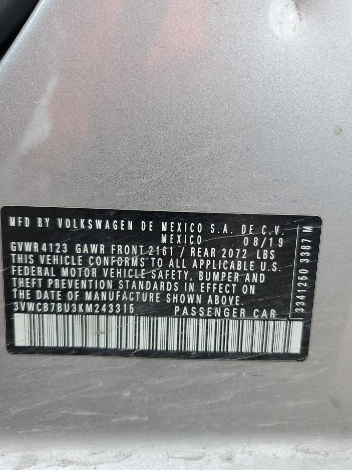 2019 Volkswagen Jetta VIN 3VWCB7BU3KM243315 Copart auction photo, front end / side damage thumbnail 12