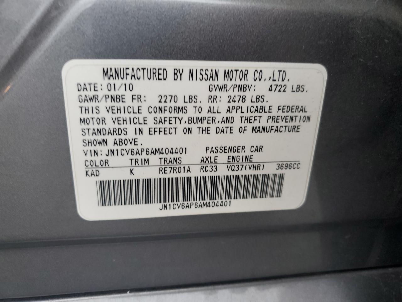 2010 Infiniti G VIN JN1CV6AP6AM404401 Copart auction photo, vandalism damage thumbnail 12