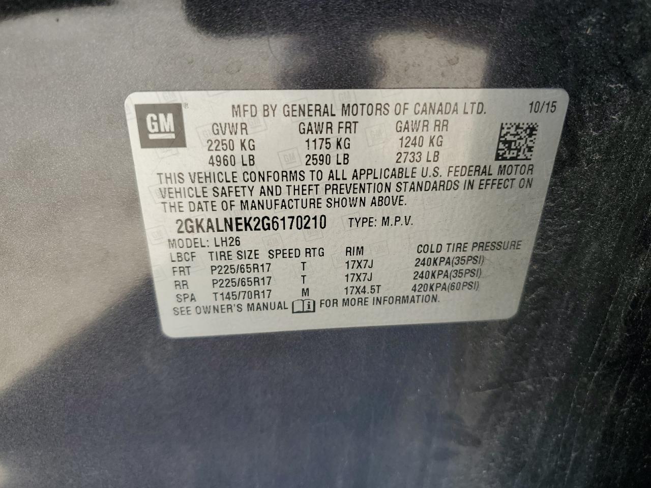 2016 GMC Terrain VIN 2GKALNEK2G6170210 Copart auction photo, front end damage thumbnail 13