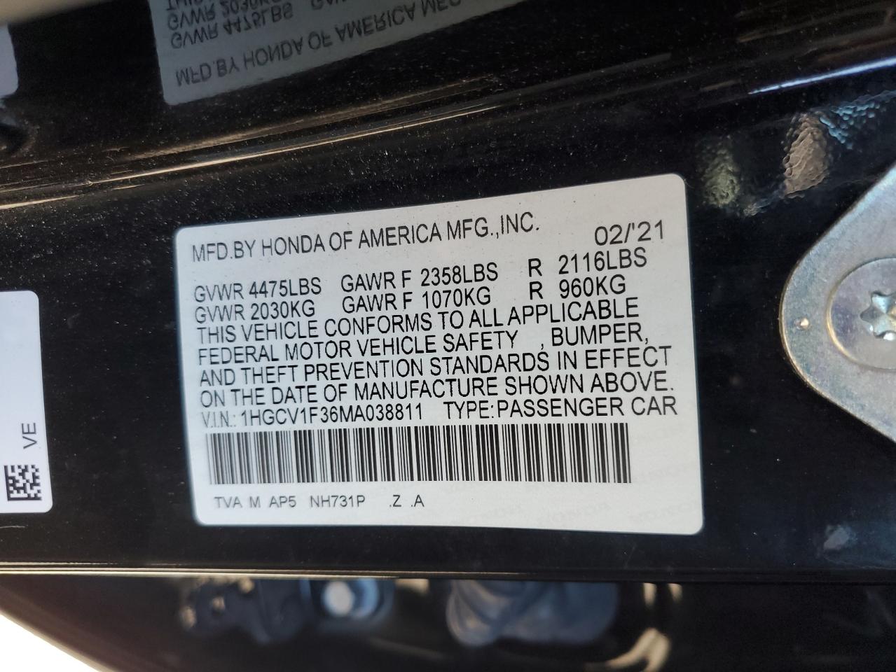 2021 Honda Accord VIN 1HGCV1F36MA038811 Copart auction photo, front end / minor dent/scratches damage thumbnail 12