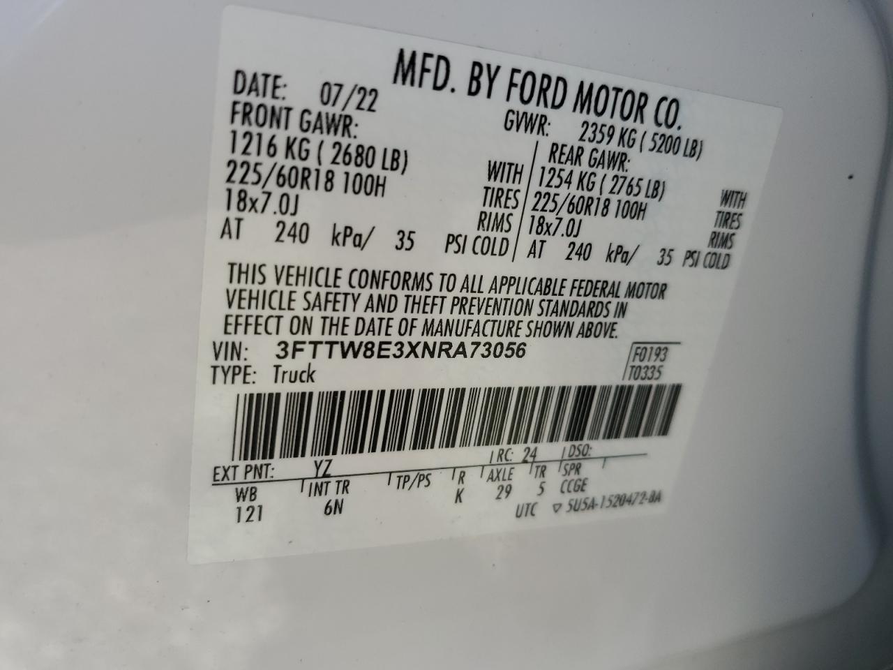 2022 Ford Maverick VIN 3FTTW8E3XNRA73056 Copart auction photo, water/flood damage thumbnail 13