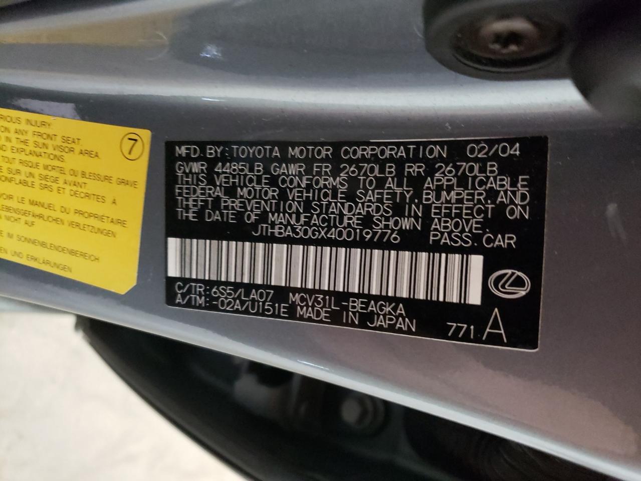 2004 Lexus ES VIN JTHBA30GX40019776 Copart auction photo, front end / mechanical damage thumbnail 12