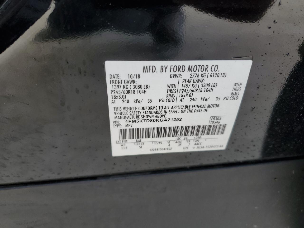 2019 Ford Explorer VIN 1FM5K7D80KGA21252 Copart auction photo, water/flood damage thumbnail 14
