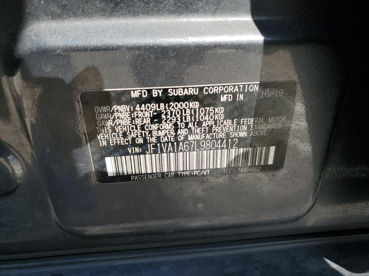 2020 Subaru WRX VIN JF1VA1A67L9804412 Copart auction photo, front end damage thumbnail 14
