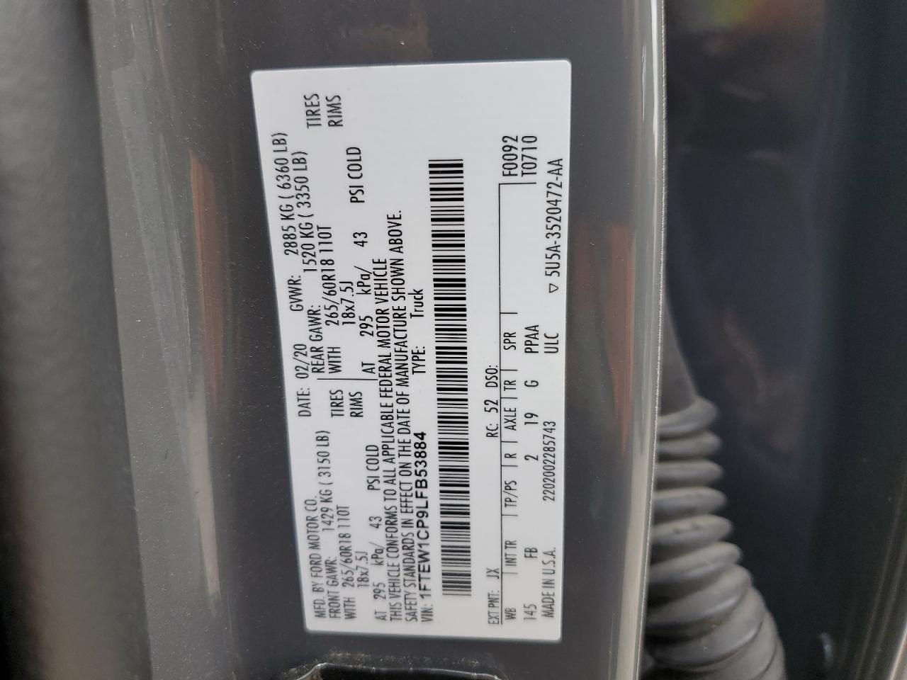 2020 Ford F-150 VIN 1FTEW1CP9LFB53884 Copart auction photo, front end damage thumbnail 12