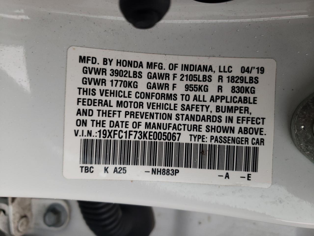 2019 Honda Civic VIN 19XFC1F73KE005067 Copart auction photo, rear end damage thumbnail 12
