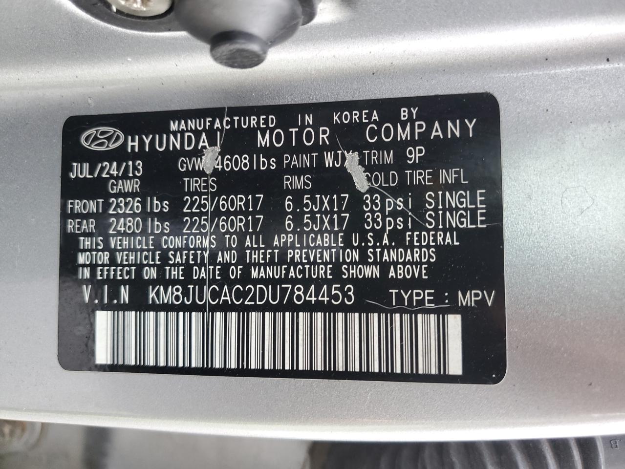 2013 Hyundai Tucson VIN KM8JUCAC2DU784453 Copart auction photo, side / front end damage thumbnail 13