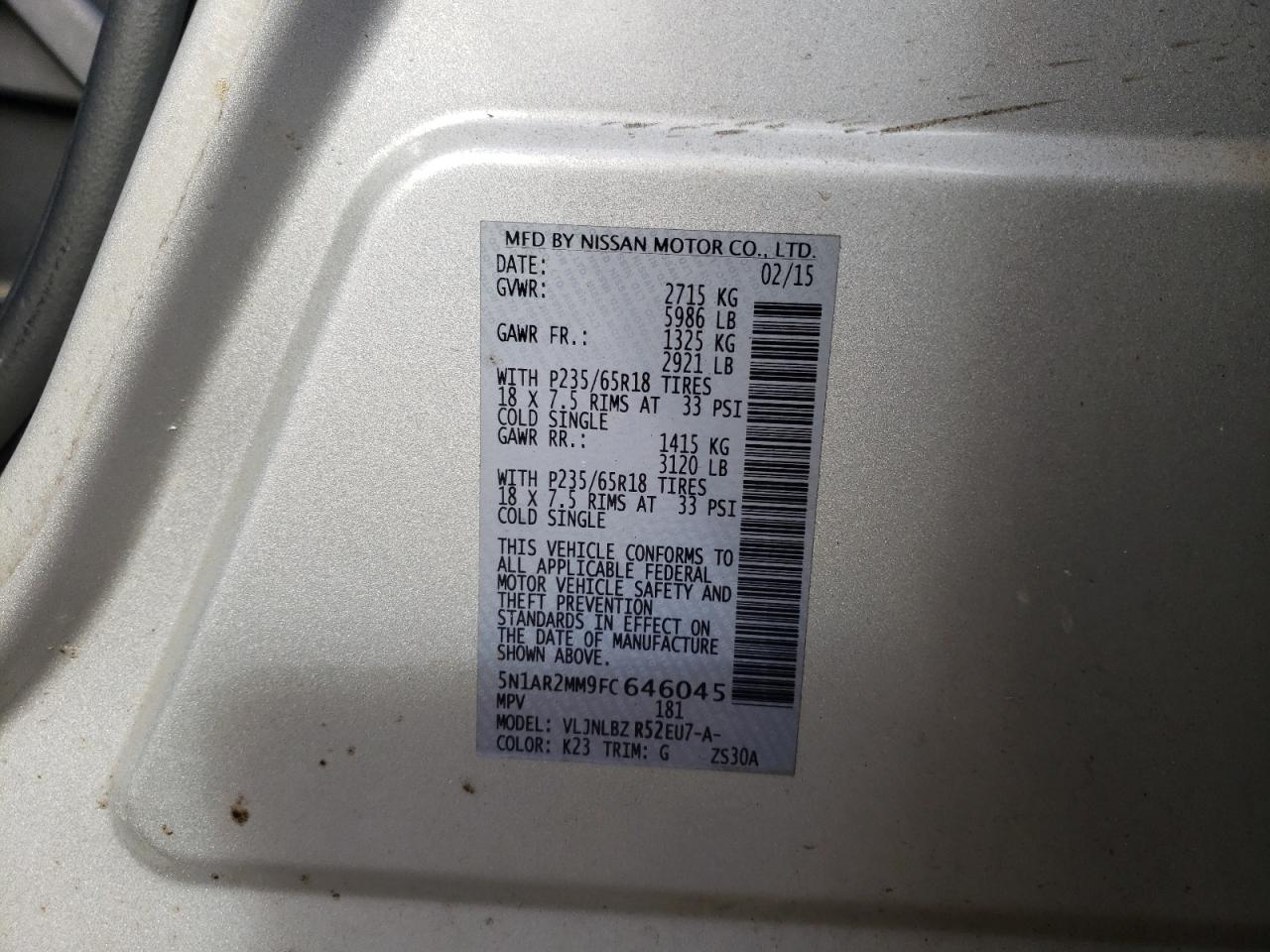 2015 Nissan Pathfinder VIN 5N1AR2MM9FC646045 Copart auction photo, all over / mechanical damage thumbnail 13