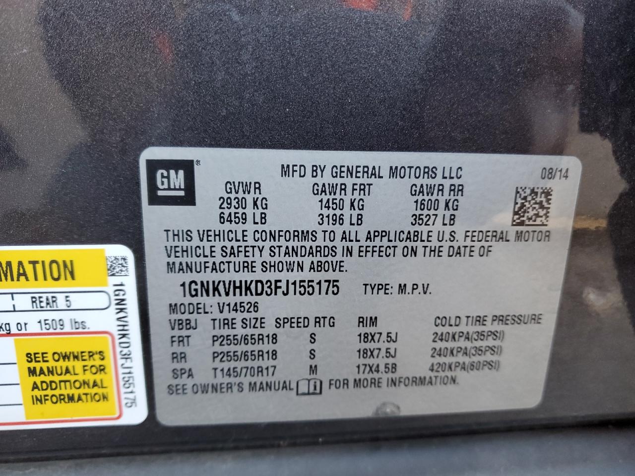 2015 Chevrolet Traverse VIN 1GNKVHKD3FJ155175 Copart auction photo, side damage thumbnail 13